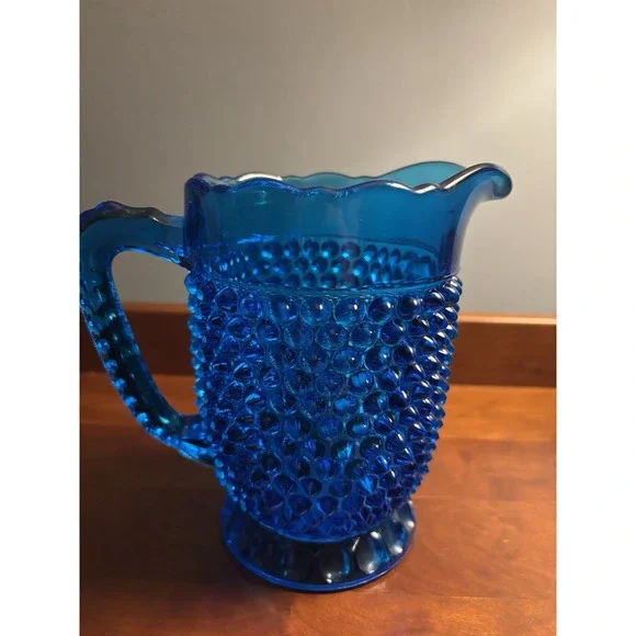 Antique EAPG Doyle & Co. Deep Blue Hobnail Glass 6.5 Tall Water Pitcher c. 1880s Drinkware